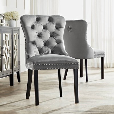 Elegant Gray Velvet Upholstered Dining Chairs with Espresso Legs, Set of 2