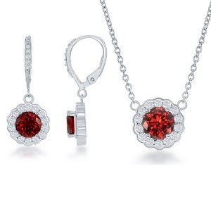 Bella Silver Sterling Silver January Birthstone w/ CZ Border Round Earrings and 18" Pendant Necklace Set - 1 of 3