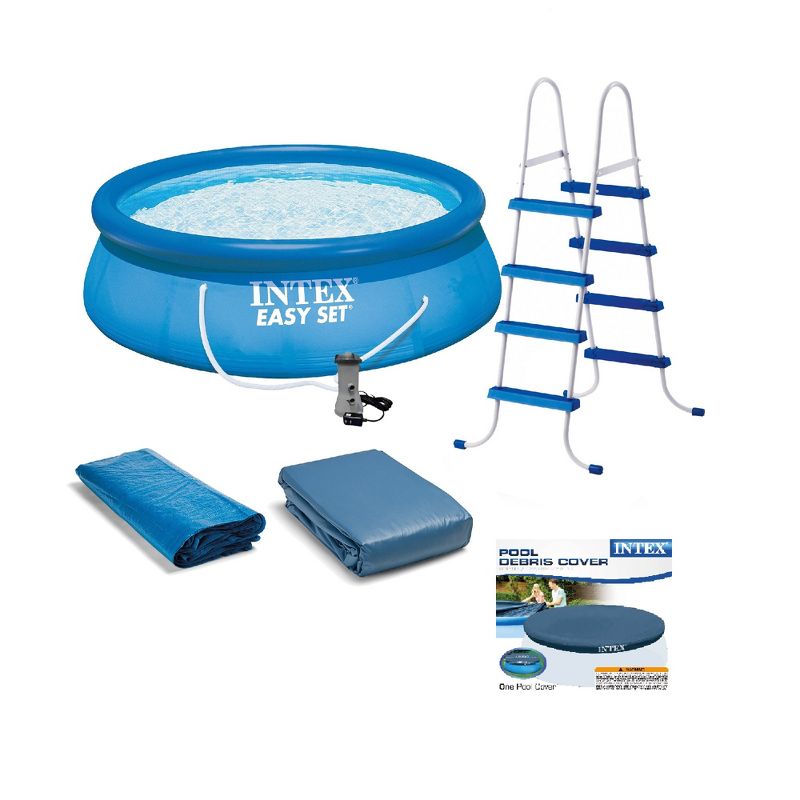 Intex Above Ground Swimming Pool, Ladder with Pump and 15’ Pool Debris Cover, 1 of 7
