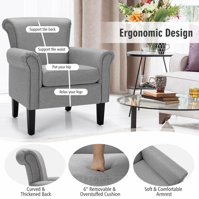 Costway Modern Upholstered Fabric Accent Chair w/ Rubber Wood Legs Dark Gray\Light Grayy, 5 of 9