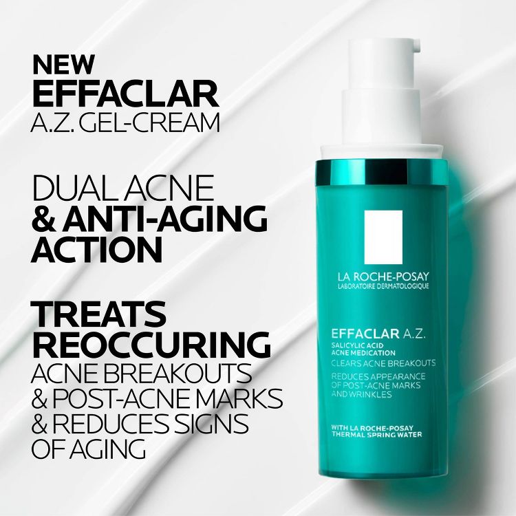 Teal colored bottle of La Roche-Posay Effaclar A.Z. gel-cream with text highlighting its dual acne and anti-aging action.