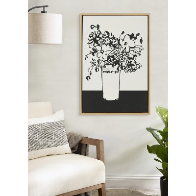 Black and White Floral Vase Canvas Print with Natural Frame