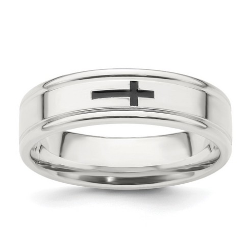 Black Bow Jewelry 6mm Rhodium Plated Sterling Silver Enamel Cross Grooved Edge Band - image 1 of 4