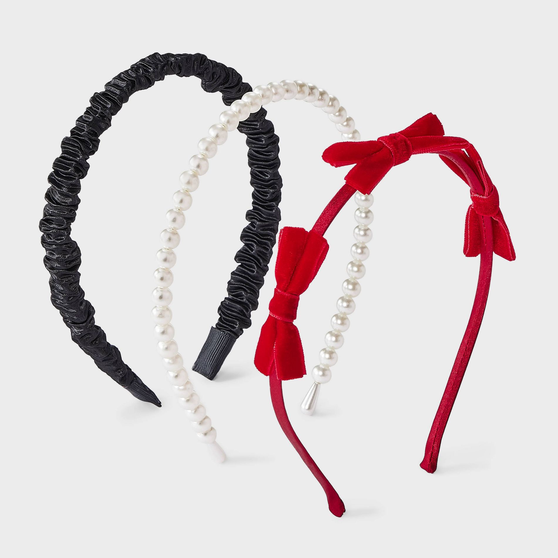 Girls' Velvet/Pearl Headband Set 3pk - Cat & Jack™ Black/Cream/Red