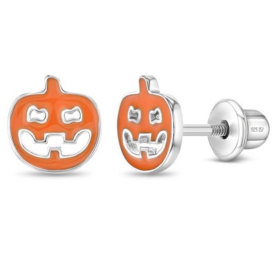 Girls' Pumpkin Enamel Screw Back Sterling Silver Earrings - In Season Jewelry