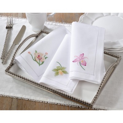 White Cotton Napkins with Fuchsia Orchid Embroidery, Set of 6