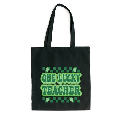 City Creek Prints Checkered Lucky Teacher Canvas Tote Bag - 15x16 - Black