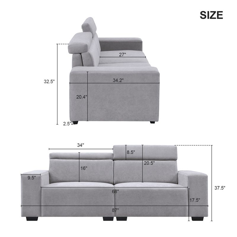 87" Velvet 2-Seater Sectional Sofa with Multi-Angle Adjustable Headrest - ModernLuxe, 3 of 13