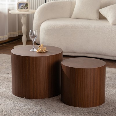 2-Piece Nesting Round Coffee Table Set,Modern Wooden Drum End Tables,Space Saving Accent Tables for Living Room Bedroom-Baofuwish
