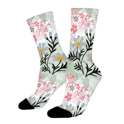 Cute Sweet Pink And Blue Wild Flower Women Printed Crew Socks Funny Funky Socks Soft Polyester Novelty Gifts for Artists Men
