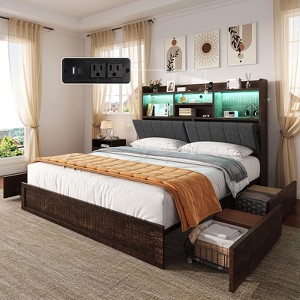 AMERLIFE LED Bed with 4 Storage Drawers, Bookcase Headboard and Charging Station - 1 of 4