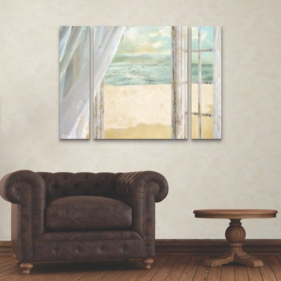 Large Coastal Landscape Canvas Art Set with White Curtain