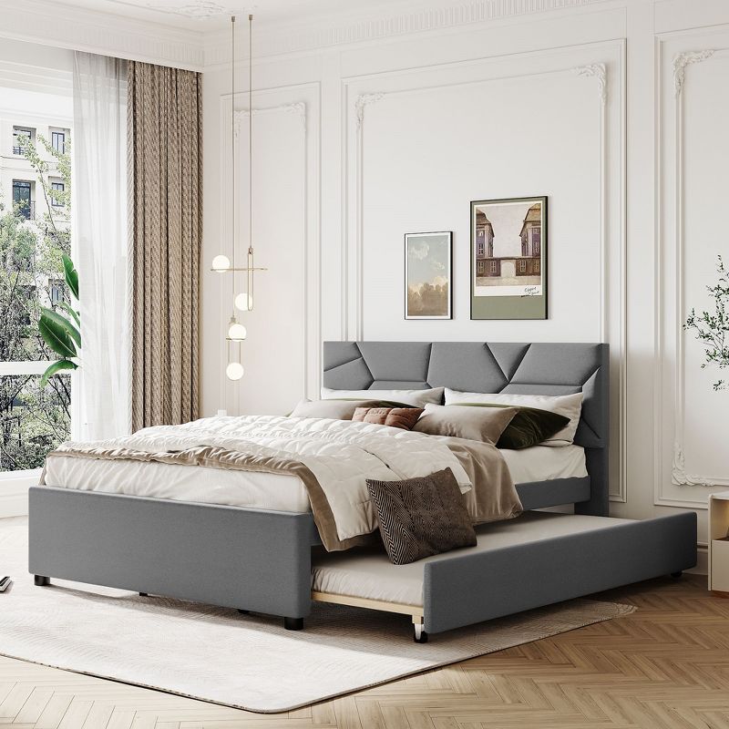 Upholstered Platform Bed with Brick Pattern Headboard and Trundle Bed-ModernLuxe, 1 of 10