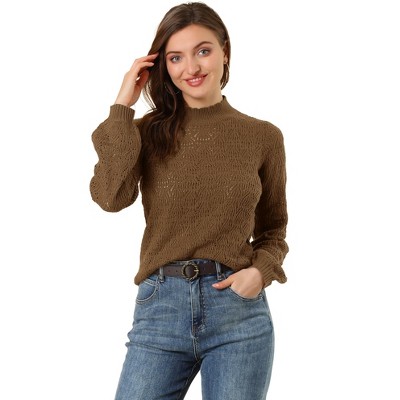 Allegra K Women's Pullover Ruffle Mock Neck Bishop Sleeve Knitted Ribbed Sweater
