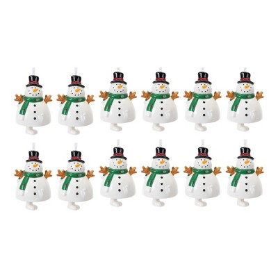 Set of 12 Ceramic Snowman Bell Ornaments with Green Scarves