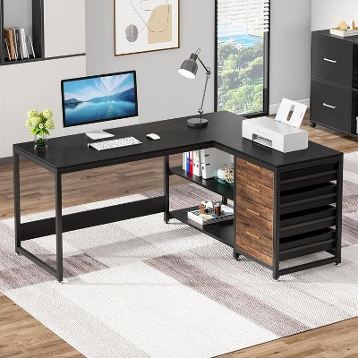 PAGED L-Shaped Computer Desk, Reversible Corner Office Desk with Drawers and Storage Shelves for Living Room