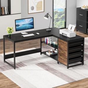 PAGED L-Shaped Computer Desk, Reversible Corner Office Desk with Drawers and Storage Shelves for Living Room - 1 of 4