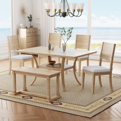 CAVINAS Dining Table Set for 6 Kitchen Table Wood Dining Table Set with Curved Legs with Bench and 4 Removable Cushions for Dining Room
