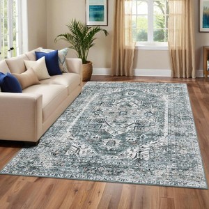 Vintage Washable Area Rugs, Low Pile Soft Carpet with Distressed Trellis Pattern, Foldable Thin Indoor Accent Rug for Living Room Bedroom Dining Room - 1 of 4