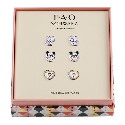 FAO Schwarz Enamel Fox, Panda and Heart Donut Trio Earring Set