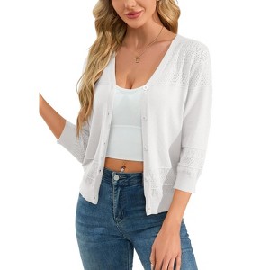 Coolmee Women's Cropped Cardigan 3/4 Sleeve Lightweight Crochet Shrug Hollowed Out Knit Sweater Tops - 1 of 4
