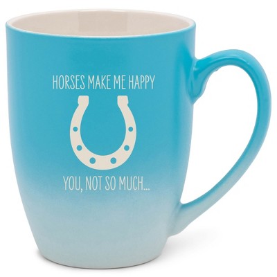 100 North Horseshoe Design 10 Ounce Blue and White Two Toned Ombre, Comfortably Fits Your Hands, Ceramic Tea Coffee Cup Mug, Horses make me happy, You
