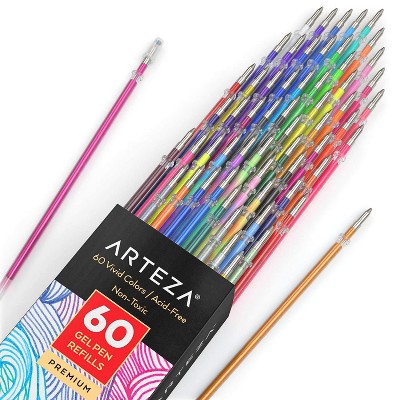 Arteza Gel Ink Pen Refills, Assorted Colors (classic, glitter, metallic, pastel, fluorescent, and neon shades) - 60 Pack (ARTZ-8030)
