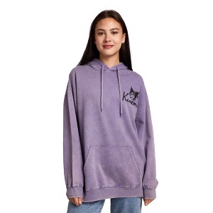 Kuromi & Baku Women's Purple Mineral Wash Long Sleeve Fleece Hooded Sweatshirt - 1 of 4