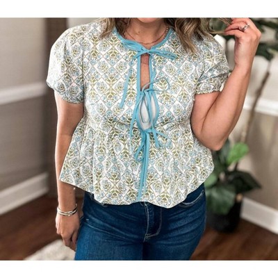 Women's Floral Tie Front Puff Sleeve Top - &merci