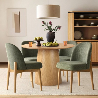 5-Piece Round Dining Table Set, 42'' Oak Pedestal Table with 4 Linen Dining Chairs, Solid Wood Legs, Kitchen or Apartment Furniture-Maison Boucle
