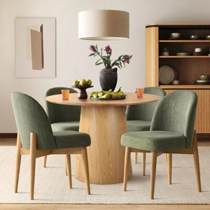5-Piece Round Dining Table Set, 42'' Oak Pedestal Table with 4 Linen Dining Chairs, Solid Wood Legs, Kitchen or Apartment Furniture-Maison Boucle - 1 of 4