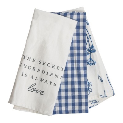 "The Secret Ingredient Is Always Love" Gingham & Floral Flower Pattern Woven Kitchen Tea Towels, Set of 3