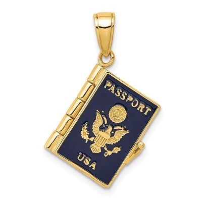 Black Bow Jewelry 14k Yellow Gold and Navy Blue Enamel 3D Passport USA Pendant