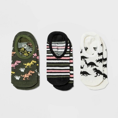 Women's Dinosaur 3pk Liner Socks - Xhilaration™ Olive/Black/Cream 4-10