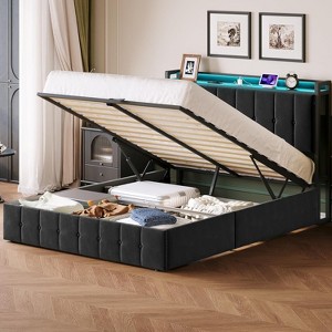 Lift Up Storage Bed Frame , Velvet Upholstered Hydraulic Platform Bed Storage Headboard , Wooden Slats, No Box Spring Needed - 1 of 4