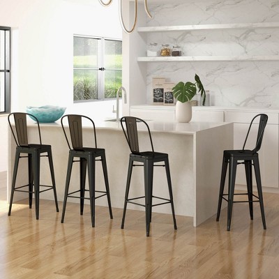 Set of 4 Black Metal Industrial Bar Stools with Backrest