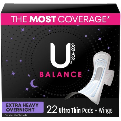 Image of U by Kotex Balance Ultra Thin Extra Heavy Overnight Pads with Wings - Unscented - 22ct
