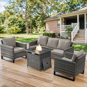 Buenhomino Patio Furniture with Fire Pit 4-Piece Wicker Outdoor Sectional Couch with Swivel Rocking Chairs, Propane Fire Pit Conversation Set - 1 of 4