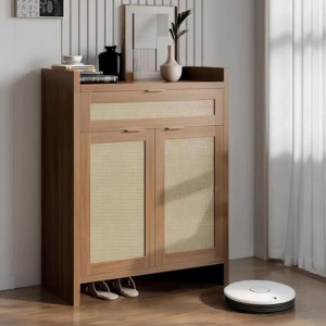 Shoe Storage Cabinet, Shoe Cabinet with Doors and Drawer, 41 in Tall Rattan Shoe Cabinet - 1 of 4