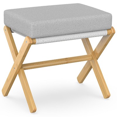 Bamboo folding footstool with bamboo X-legs and seat cushion, suitable for bedroom and living room use