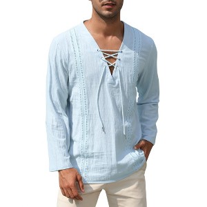 Clearlove Mens Linen Henley Shirts Lace Up Long Sleeve V Neck Casual Lightweight Cotton Hippie Shirts - 1 of 4