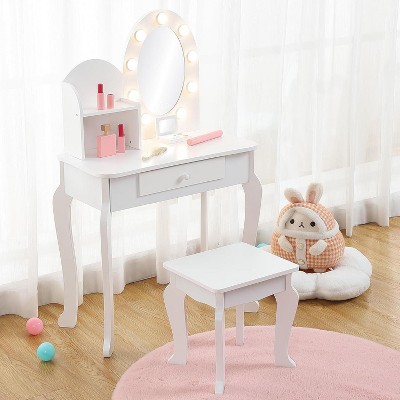 Kids Vanity Desk with Mirror Lighting, Drawers, 3 Adjustable Light Modes, Wooden Princess Makeup Table for Girls, Wjite