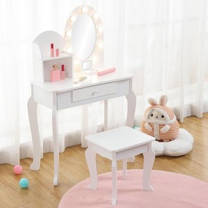 Kids Vanity Desk with Mirror Lighting, Drawers, 3 Adjustable Light Modes, Wooden Princess Makeup Table for Girls, Wjite - 1 of 4
