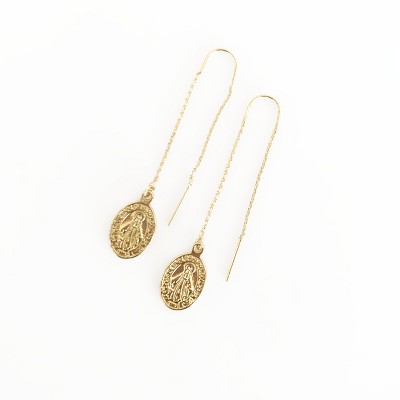 sanctuaire Dainty Oval Saint Medallion Coin Threader Drop Earrings Gold