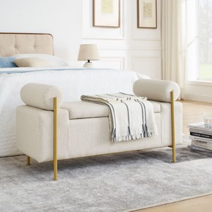 Elegant Upholstered Linen Storage Bench with Cylindrical Arms and Iron Legs for Hallway Living Room Bedroom-Cuddlewood - 1 of 4