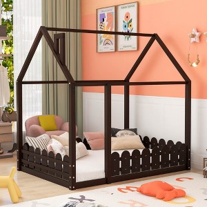 Full Size Wood House Bed Frame with Fence for Kids,Teens - 1 of 4