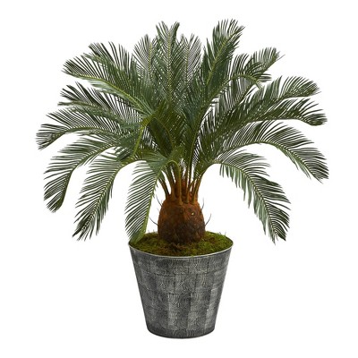 Nearly Natural 40" Cycas Artificial Tree in Embossed Tin Planter Black