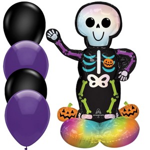 LoonBalloon 35" Bare Bones Skeleton Balloon with 4 Latex Balloons – Halloween Air-Fill Party Decoration Set - 1 of 4