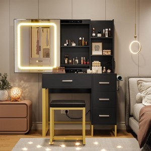 LED Lighted Vanity Desk with Power Outlets & Stool - Modern Makeup Vanity Set with 4 Drawers - 1 of 4