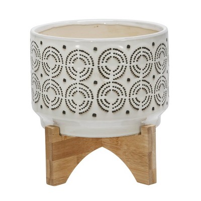 Sagebrook Home 8"H 7" Diameter Ivory and Gray Swirl Pattern Ceramic Planter on Bamboo Wood Stand for Living Room, Dining Room, or Patio
